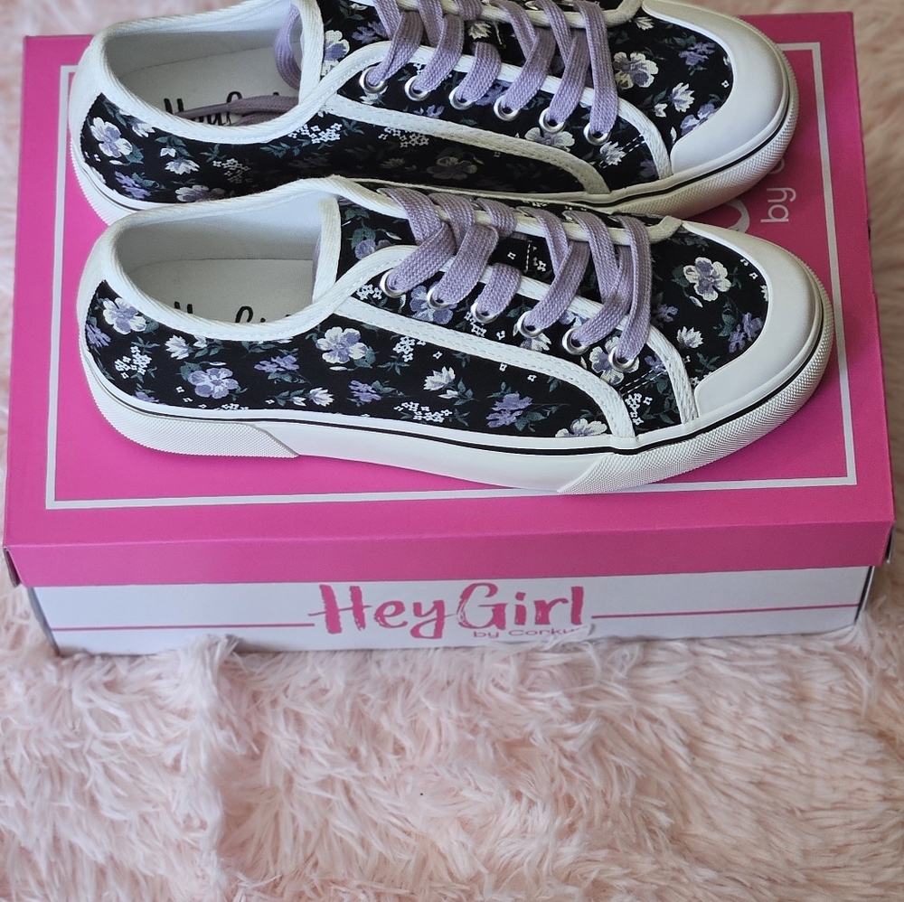 Corkys Black Floral Sneakers with Lavender Laces - Picture 3 of 8
